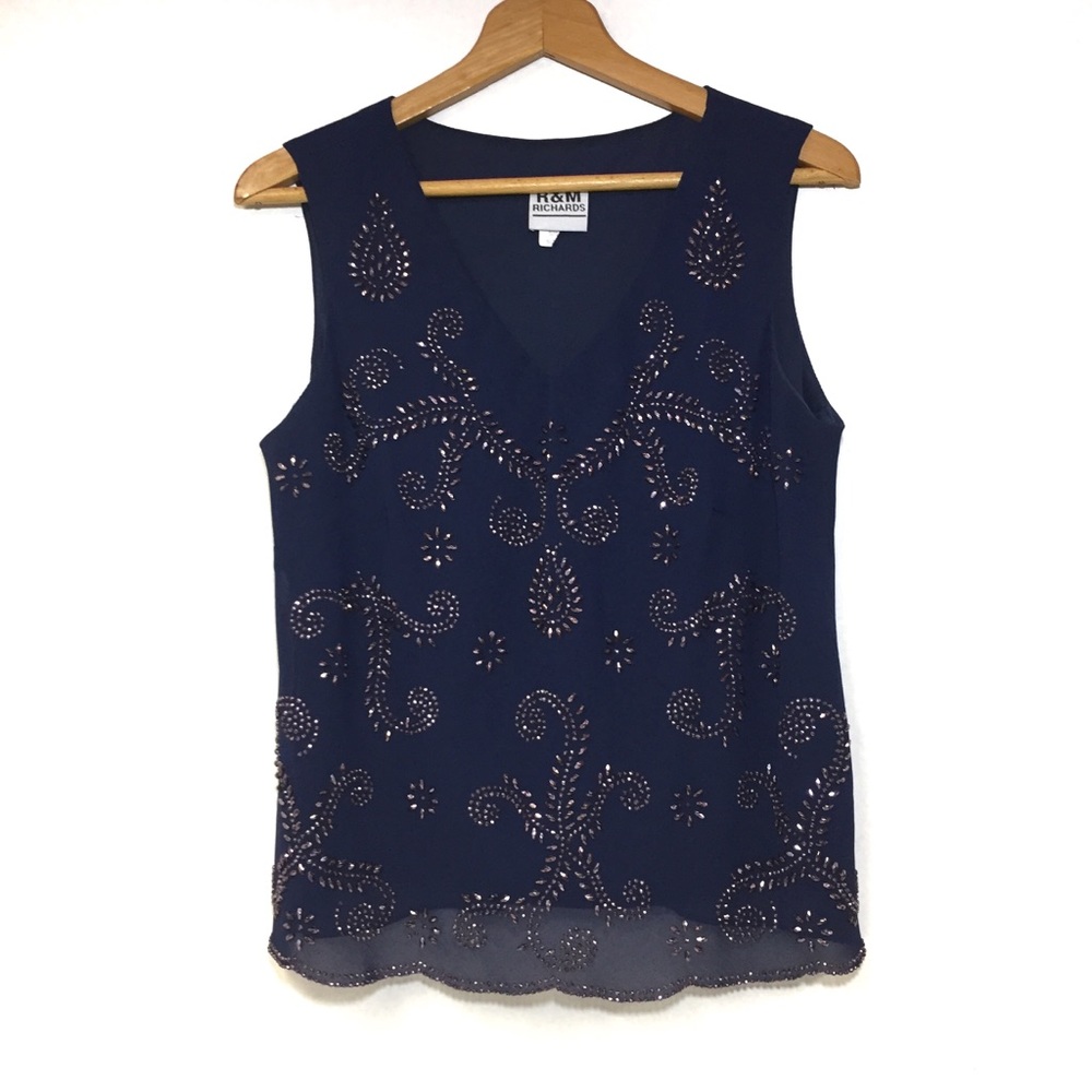 R & M Richards Metallic Beaded V Neck Navy Top 14